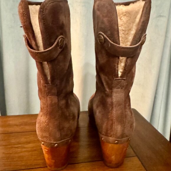 🤎 UGG Lynnea Ankle Boots – Brown Suede Shearling Stud Wood Clog | Women’s 8 🤎 - Picture 5 of 11